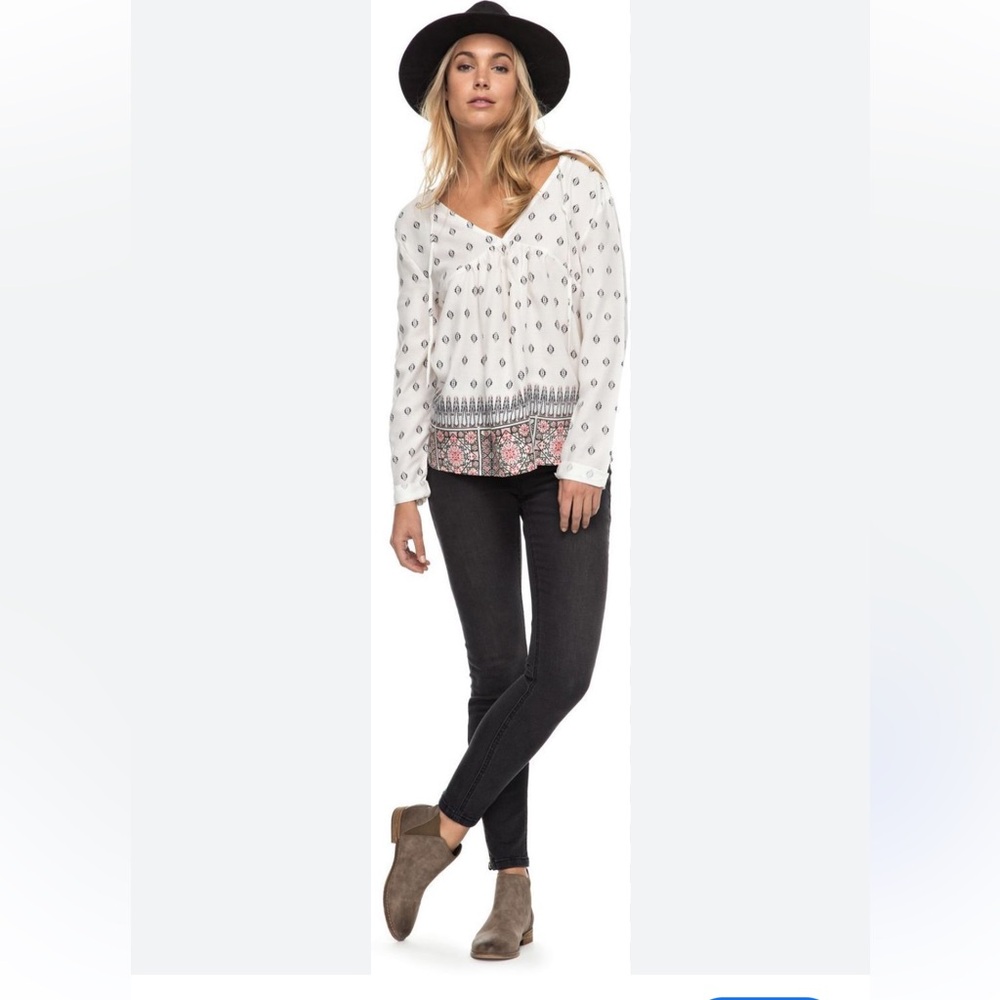 *Roxy V-Neck White Boho Print Tie Back Medium Long Sleeve Flowy Blouse #Gr